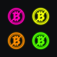 Bitcoin Not Accepted Symbol With A Slash four color glowing neon vector icon