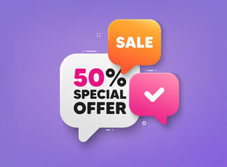 Discount 3d banner shape tags. Special offer speech bubbles. Sale coupon price tag icon. Ribbon banner with 50 percent discount offer. Sale price sticker message. Promotion dialog balloon. Vector - obrazy, fototapety, plakaty