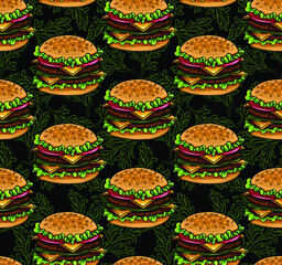 Light vector seamless pattern with cheeseburgers. Background with fast food and herbs. Bread with sesame seeds, meat, cheese, tomatoes, lettuce and cabbage.
