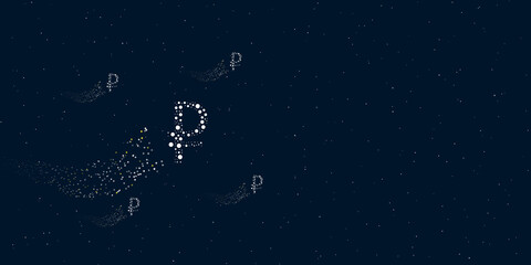 Fototapeta na wymiar A ruble symbol filled with dots flies through the stars leaving a trail behind. Four small symbols around. Empty space for text on the right. Vector illustration on dark blue background with stars