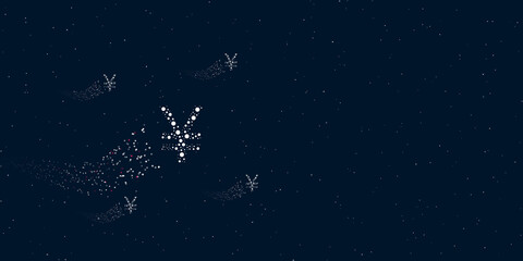 Obraz na płótnie Canvas A yuan symbol filled with dots flies through the stars leaving a trail behind. Four small symbols around. Empty space for text on the right. Vector illustration on dark blue background with stars