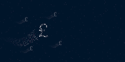 A pound symbol filled with dots flies through the stars leaving a trail behind. Four small symbols around. Empty space for text on the right. Vector illustration on dark blue background with stars