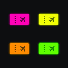 Airplane Ticket four color glowing neon vector icon