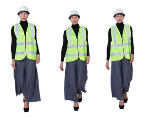 LGBTQIA+ Woman Engineer safety suit hard hat isolated white background