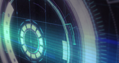 Digital image of light trails and glitch effect against round neon scanner on black background