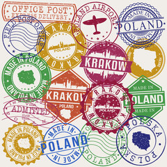 Krakow Poland Set of Stamps. Travel Stamp. Made In Product. Design Seals Old Style Insignia.