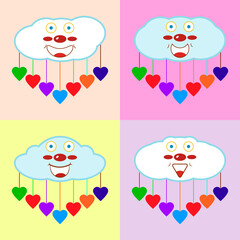 Set of cute cartoon clouds with colorful hearts and funny faces for kids room decor, card, interior, scrapbooking and other design ideas. Vector drawing.