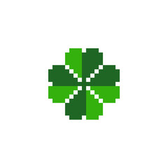 Four leaf clover pixel art icon, green plant logo. Isolated vector illustration. Game assets 8-bit sprite. Design for stickers,  web, mobile app. St. Patrick's day symbols.