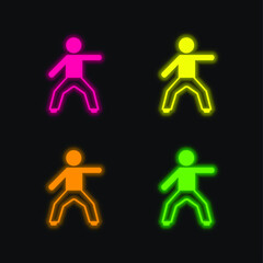 Boy Stretching Left Arm four color glowing neon vector icon