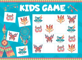 Kids sudoku game with cartoon Indian bear, rabbit and fox, owl and deer animals, vector. Sudoku tabletop board game or logic puzzle with Indian tribal boho, dream catcher feathers, tomahawk and wigwam