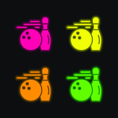 Bowling four color glowing neon vector icon