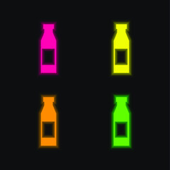 Bottle With Label four color glowing neon vector icon