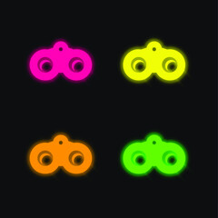 Binoculars four color glowing neon vector icon