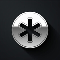 Silver Medical symbol of the Emergency - Star of Life icon isolated on black background. Long shadow style. Vector