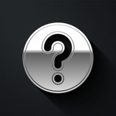 Silver Unknown search icon isolated on black background. Magnifying glass and question mark. Long shadow style. Vector