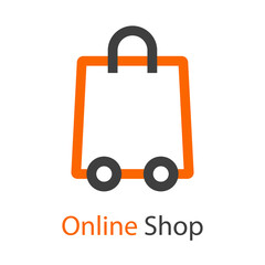 Logotipo con texto Online Shop con bolsa de la compra con ruedas con lineas en color naranja y gris