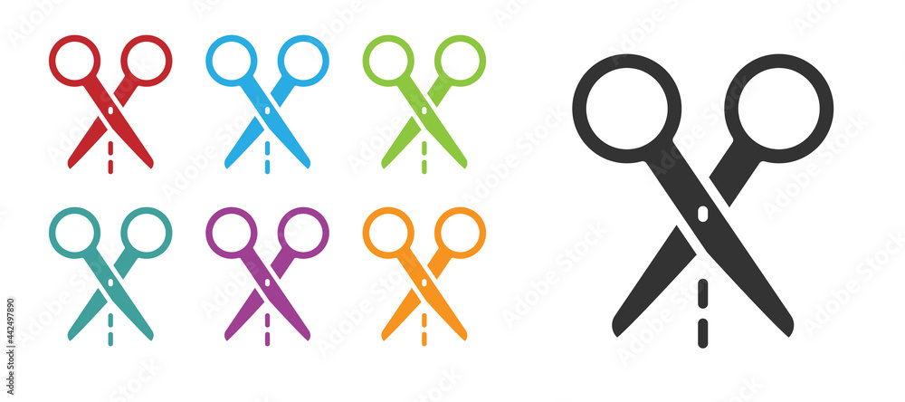 Poster black scissors with cut line icon isolated on white background. tailor symbol. cutting tool sign. se