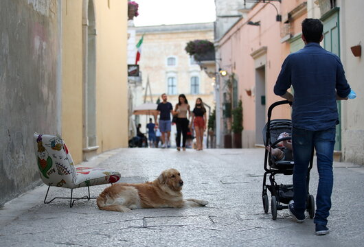 A dog lies on the street as a man walks pushing a stroller with a baby inside, in Matera
