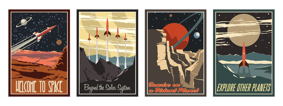 Retro Futurism Style American Astronautics Propaganda Posters Stylization, Mid Century Modern Futurism Art 