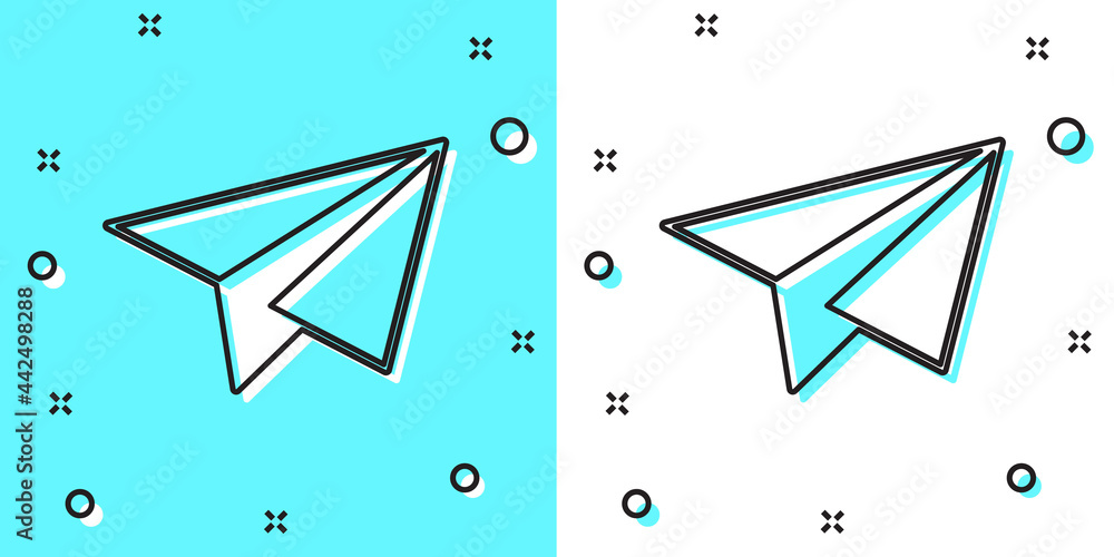 Poster black line paper airplane icon isolated on green and white background. random dynamic shapes. vector
