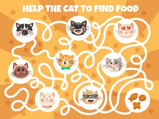 Cartoon cats and kittens kids game, labyrinth maze with cute pets muzzles and tangled path. Vector educational puzzle help the cat to find food with funny characters. Children activity riddle sheet