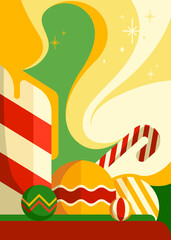 Poster with candle and christmas decorations. Placard design in abstract style.