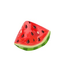 Watermelon on an isolated white background. A slice of a large berry. Juicy, red berry with black seeds. Summer time raster illustration in realism style