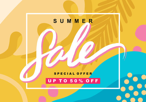 Summer sale banner in trendy simple style with 50% discount text and summer elements on colorful background for store marketing promotion. Vector illustration