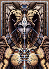Space guardian from the future, close-up alien girl in mechanical armor with wings, battle angel with pointed ears in a helmet with horns, queen of extraterrestrial civilization with sacral signs.