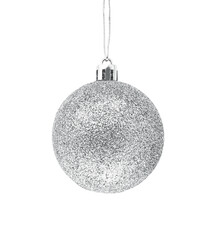 Hanging silver glitter Christmas bauble isolated on white background.