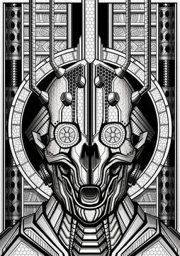 Symmetrical portrait of a terrible cyborg, a skull of a mechanical creature with cables connected to its head, a scary robot from the future close-up with mechanisms on its body and on the background.