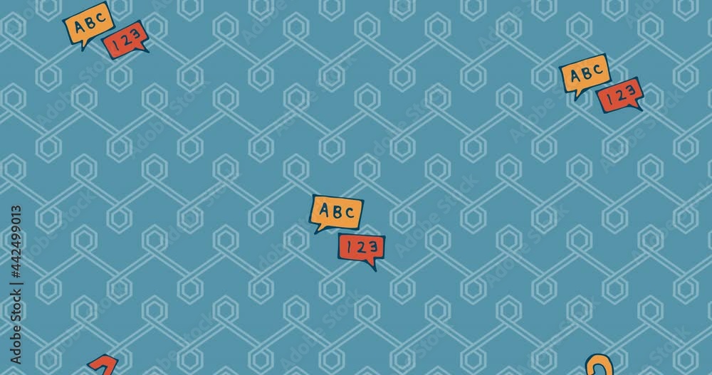 Aufkleber multiple numbers and alphabets icons falling against seamless pattern on blue background