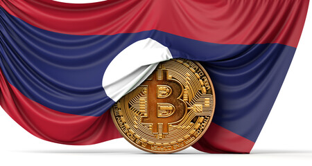 Laos flag draped over a bitcoin cryptocurrency coin. 3D Rendering