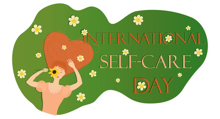 Vector illustration banner with a girl lying on a field of chamomiles with her heir forming a heart. This illustration, isolated on a transparent background, is related to International Self-Care Day.