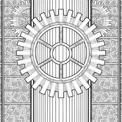 Geometric, mechanical abstraction with a large gear in the centers and small gears on the sides, symmetrical, graphic background with round mechanisms, lattice and patterns, line art.