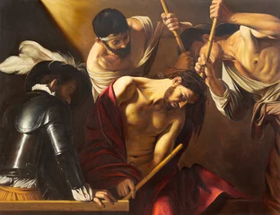 Foto auf Acrylglas VIENNA, AUSTIRA - JUNI 18, 2021: The painting of The Crowning with Thorns in church Rochuskirche  as the copy of Caravaggio by unknown artist. © Renáta Sedmáková