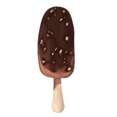 Popsicle on an isolated white background. Chocolate ice cream with nuts on a stick. Summer time raster illustration in realism style