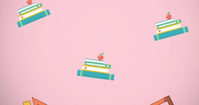 Digital animation of multiple geometric equipment and stack of books icons against pink background