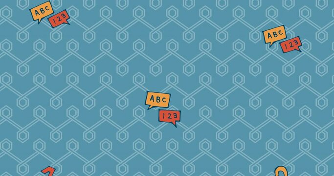 Multiple numbers and alphabets icons falling against seamless pattern on blue background