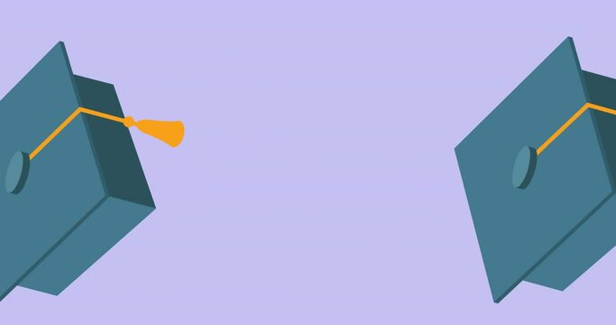 Digital animation of multiple graduation hats icons floating against purple background