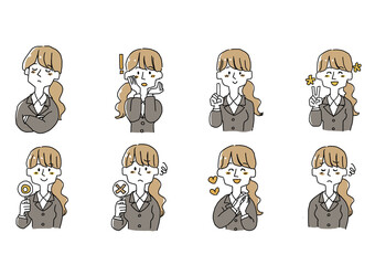 いろいろな表情のスーツの女性のセット
