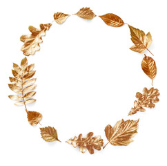 Gold autumn leaves on white background. Autumn concept. Autumn leaves circle shape frame and creative composition.