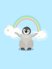 Cute baby penguin and rainbow. Illustration of an animal for a nursery, character for children.
