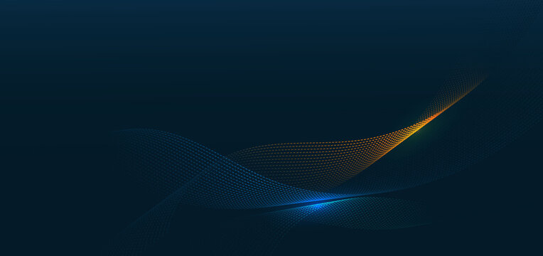 Abstract orange and blue wave dots particles on dark blue background.