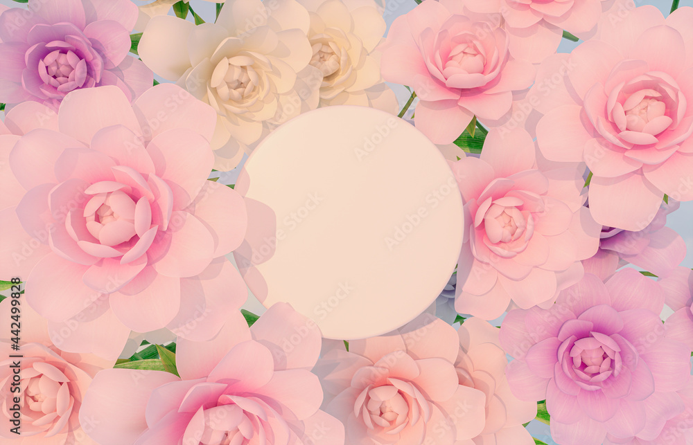 Aufkleber natural beauty podium backdrop for product display with rose flower. 3d rendering. top view. flat la