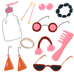 Cute makeup tools doodle vector.A set of feminine things for hygiene and make-up and jewelry.