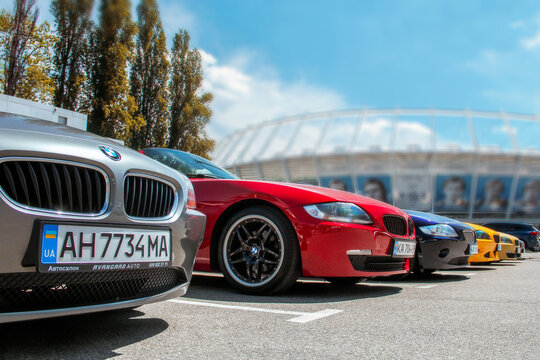 Kiev, Ukraine - May 22, 2021: Row of BMW Z4 cars in the city. Colored BMW cars in a row