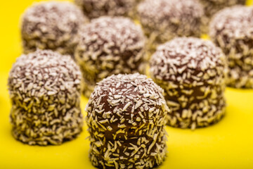 chocolate marshmallows covered with coconut flakes