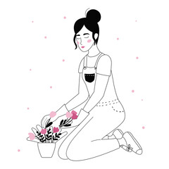 Young woman plants pink flowers in pots. Gardening hobby concept. Black and white vector outline illustration. Hand drawn doodle people. Crazy plant lady.