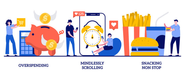 Overspending, mindlessly scrolling, snacking non-stop concept with tiny people. Addictive habits abstract vector illustration set. Social media addiction, diet and nutrition, junk food metaphor.